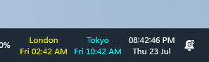 Multiple time zones displayed on the Windows 11 taskbar